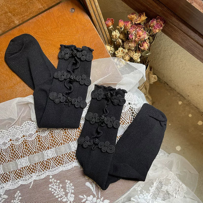 Sock Noble - Y2K Chinese - Openwork Mid-Calf Slouch Socks with Frog-Button Details