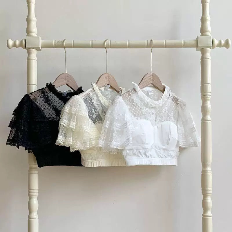 Lace-trimmed inner blouse with layered ruffled sleeves