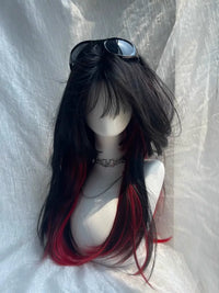 Kunkun Fish - Meteor Moon - black and red highlighted long straight wig - Red highlights + wig cap