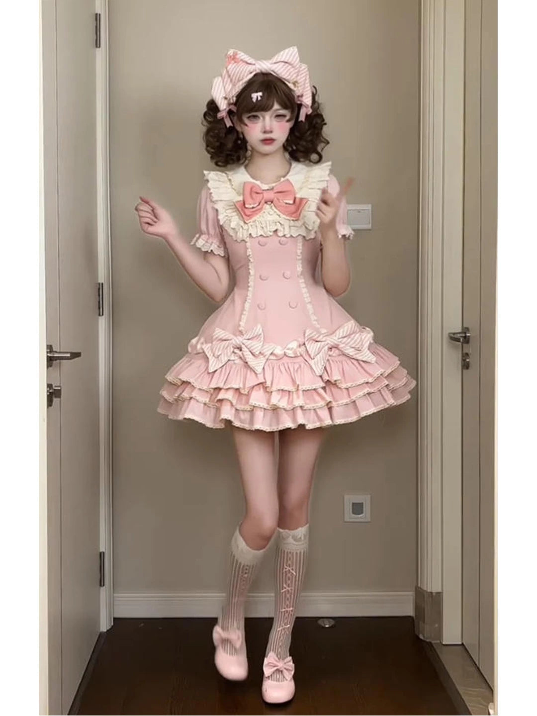Creamy - Pink Layered Cake - Pink Striped Sweet Lolita Dress with Bow Headpiece