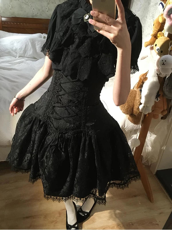 Creamy - Dark Gothic Lace - Black blouse and skirt set with a lace bib