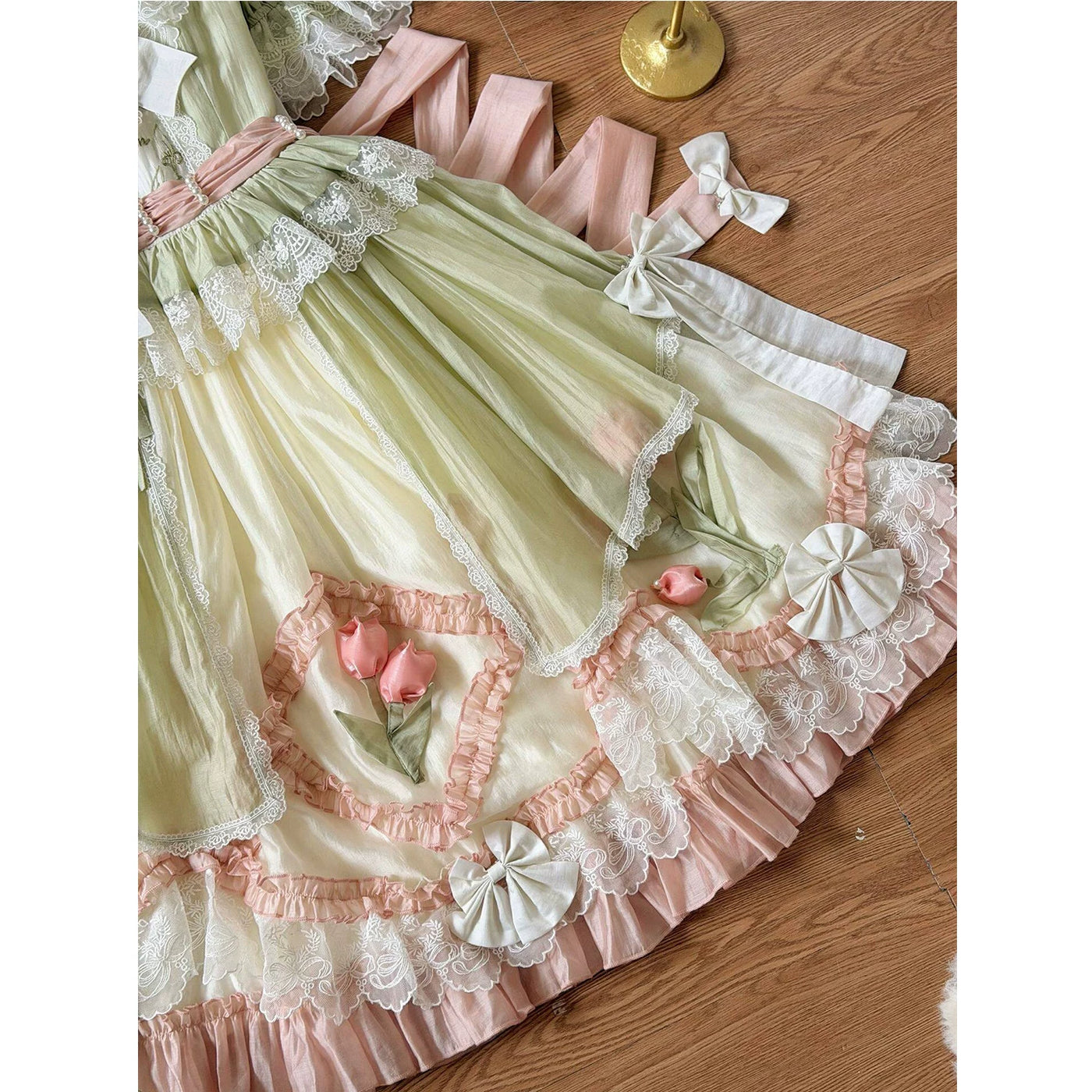 Creamy - Green Pink Floral - Short-Sleeve Lolita Dress with Layered Lace