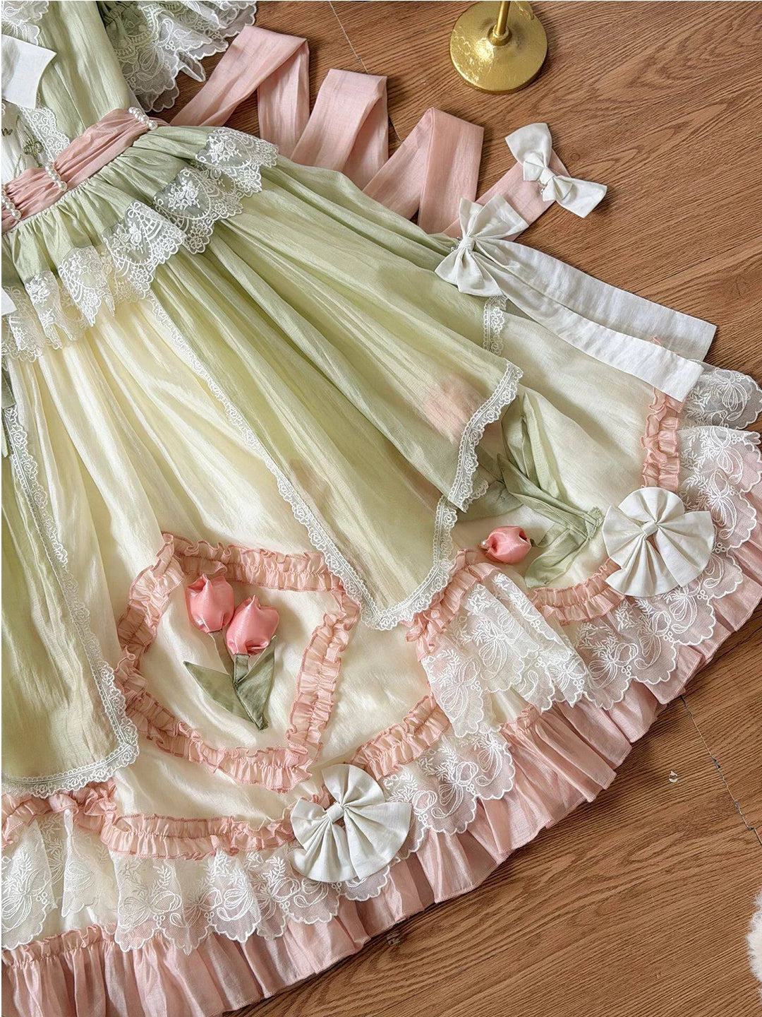 Creamy - Green Pink Floral - Short-Sleeve Lolita Dress with Layered Lace