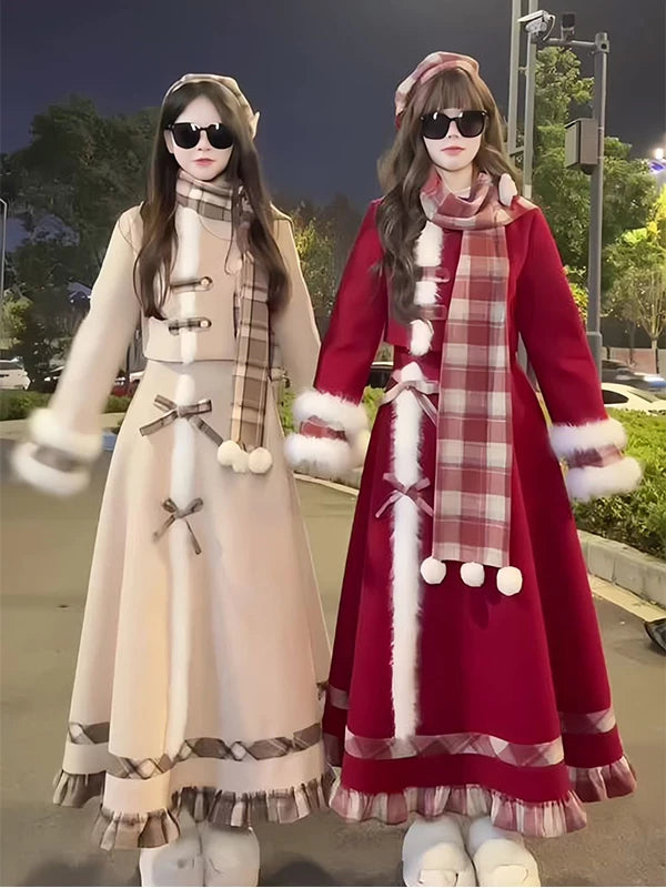 Red and khaki long Lolita coats with plaid scarves and skirts shown outdoors.