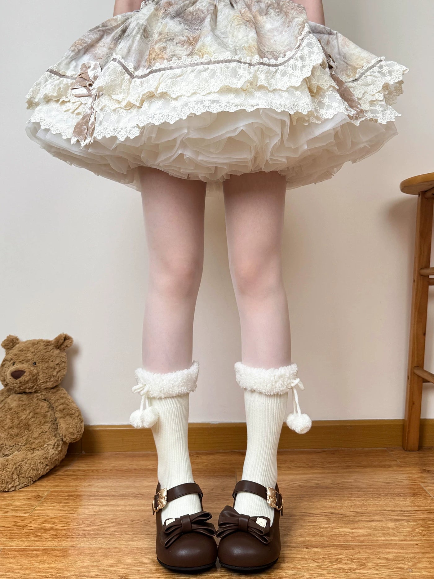 Chubby Bear Tales - Fluffy Winter - Mid-Calf Scrunch Socks with Pom-Pom or Bow Cuffs