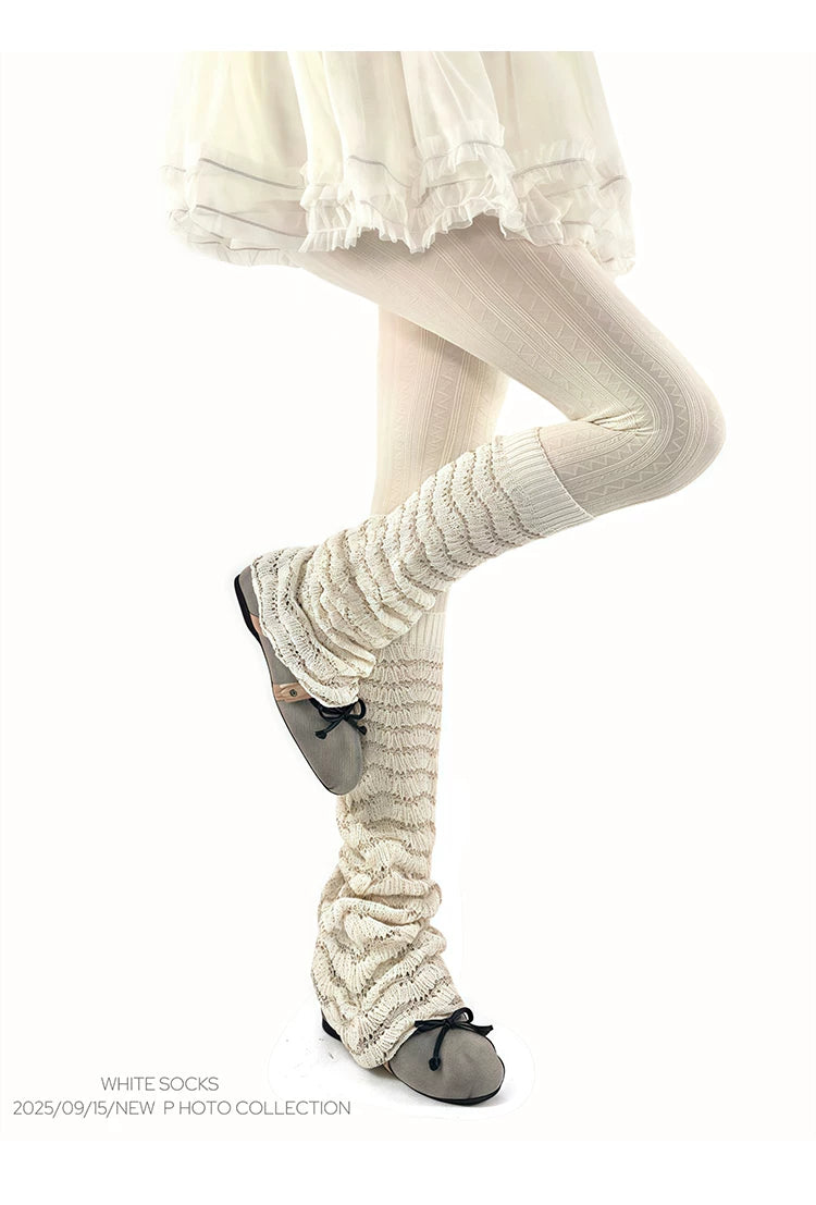 White Socks - Vintage Wave - Mid-Calf Scrunch Socks with Jacquard Mesh and Wave-Shimmer Detail