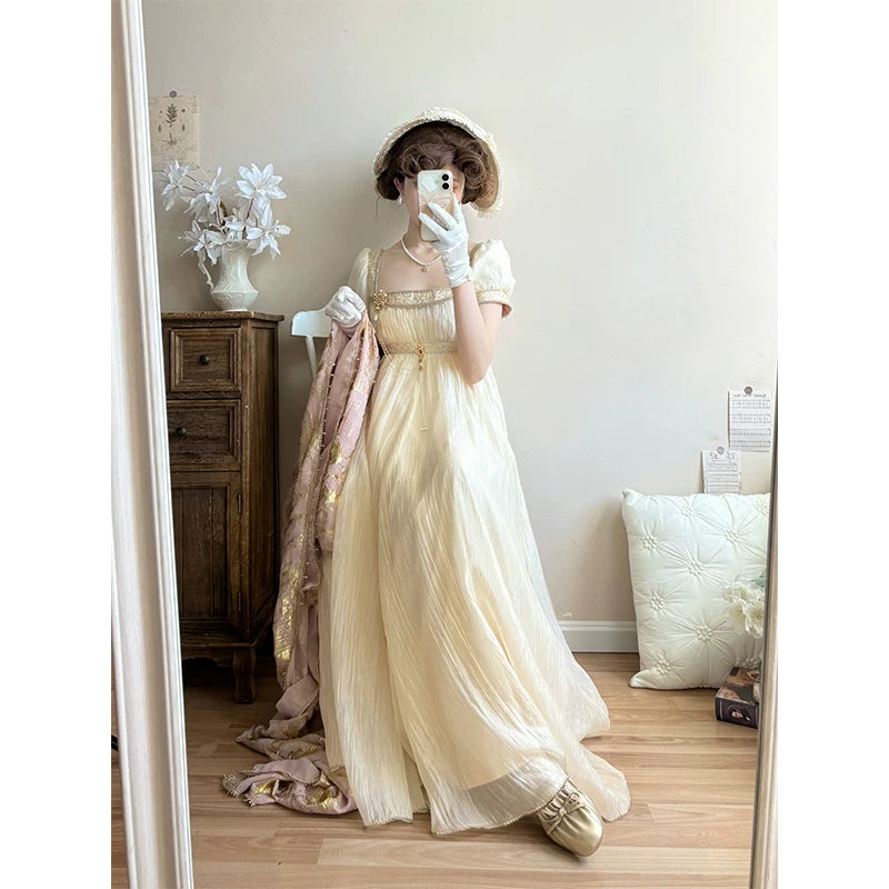 Creamy - Gilded Empire - Gilded-Gold Lolita Dress with Puff Sleeves