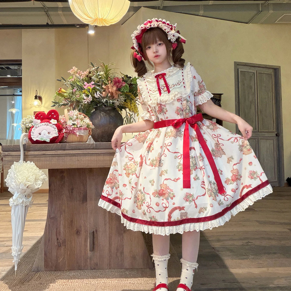Thousand Wood - Bear's Strawberry Garden - Waistless OP Dress with Bear and Strawberry Prints