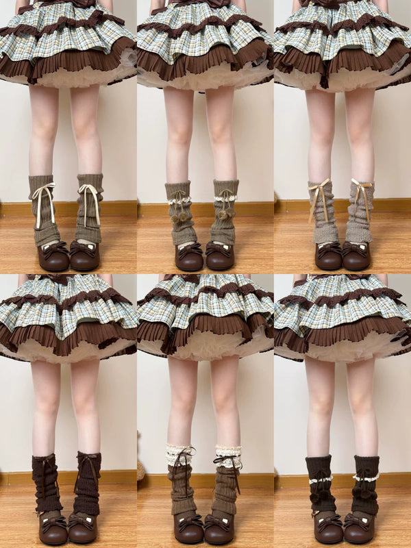 Coffee ribbed sock covers with white lace trim and brown ribbon bows.