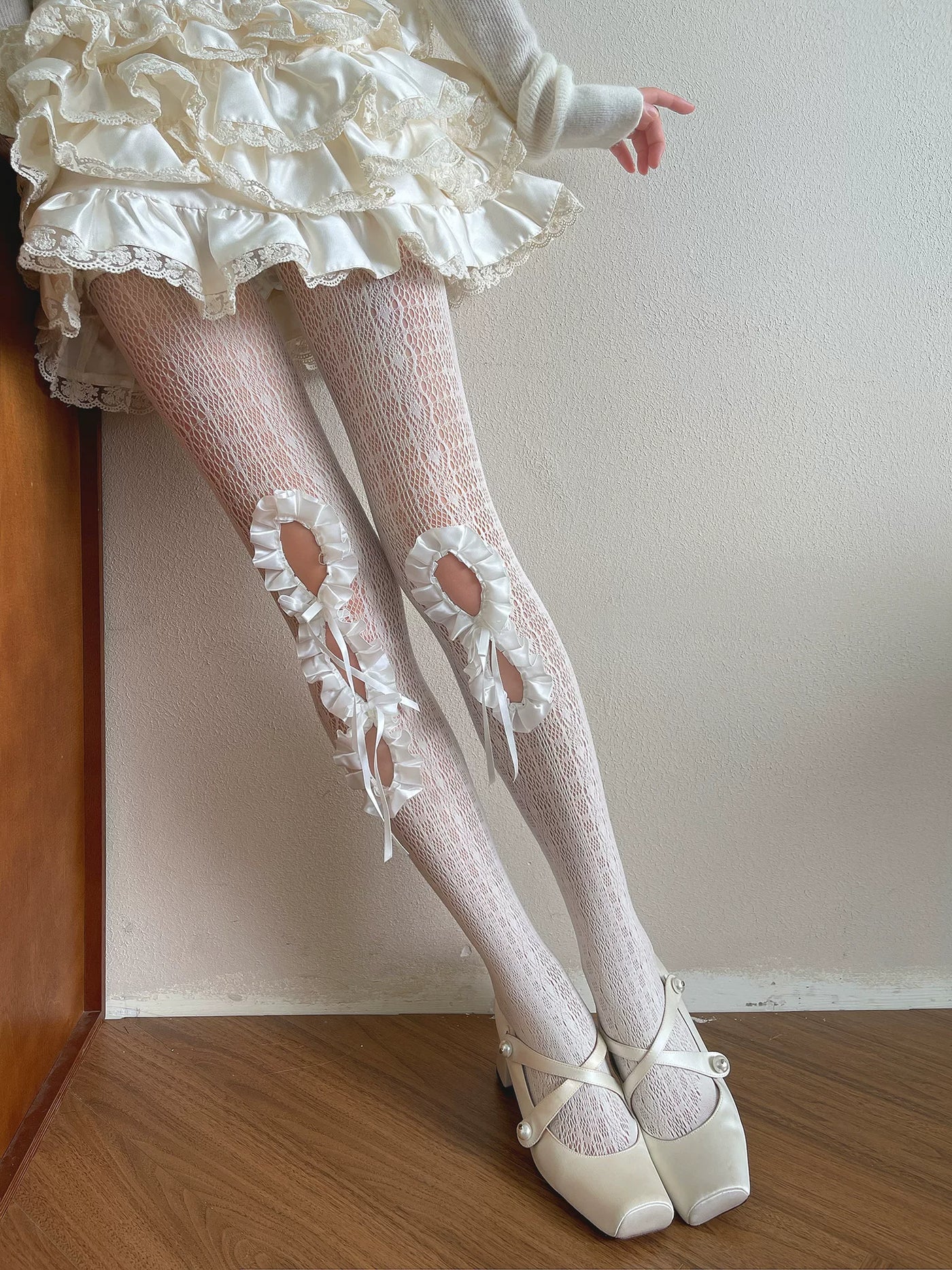 Sock Noble - Cutout Bow Lace - Lace Tights with Ruffled Cutouts and Ribbon Ties