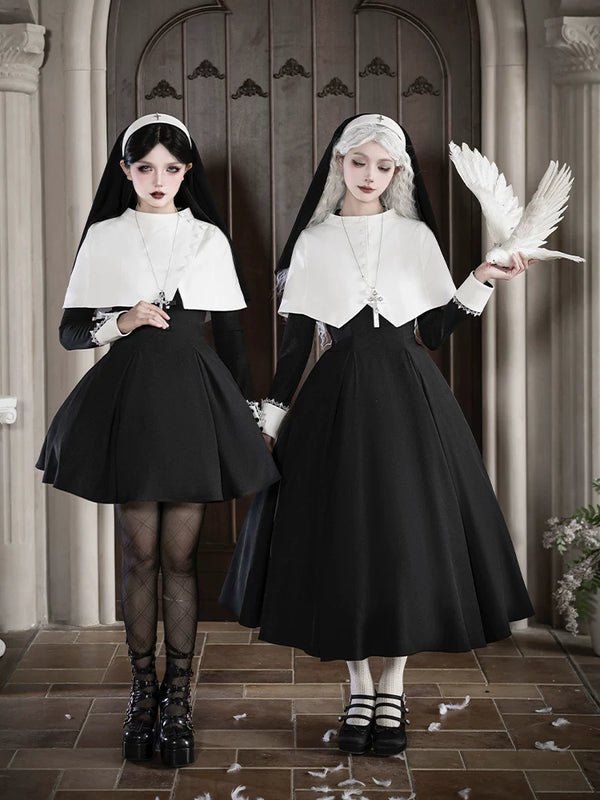 With PUJI - Nihil - Gothic Nun Lolita OP Dress, Irregular Hem Cape product view