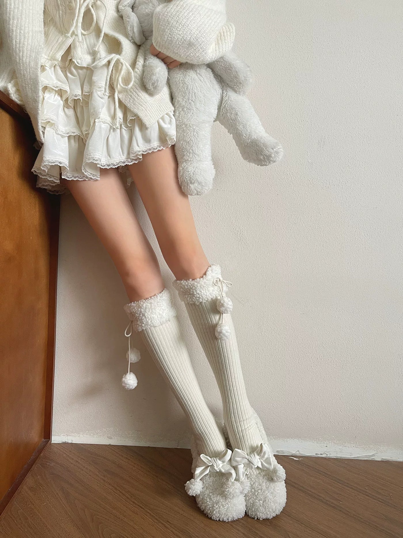 Sock Noble - Winter Pom-Pom - Mid-Calf Socks with Fluffy Cuffs and Pom-Pom Ties