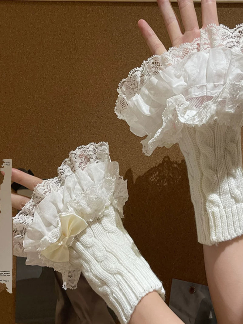 Sock Noble - Flower Banquet - Lace-Trimmed Cable-Knit Arm Sleeves with Bow Details