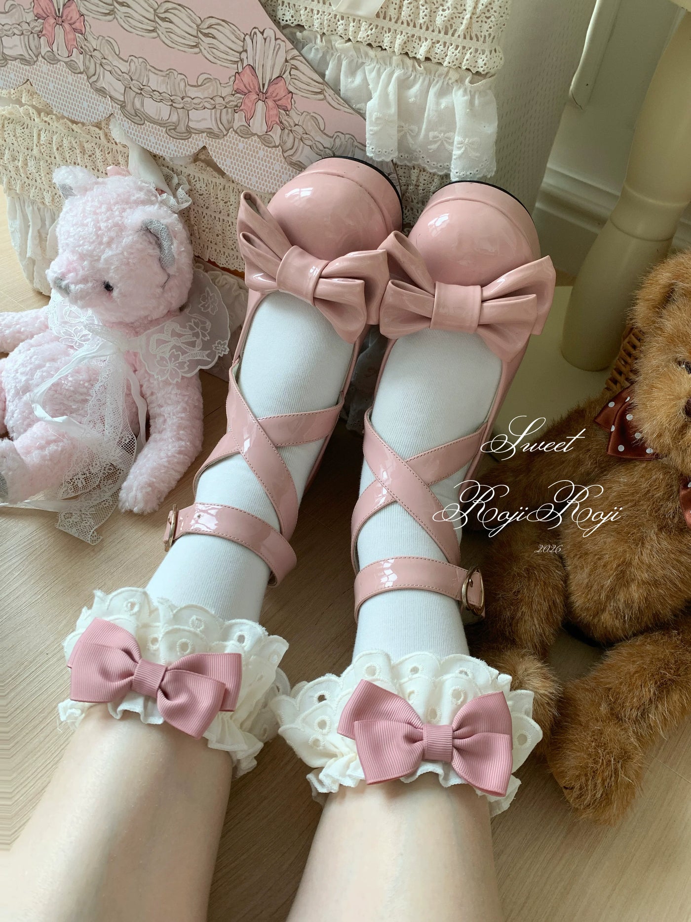 Roji Roji - Cotton Classic Lolita Calf Socks - Double Layer Trim & Bow Socks