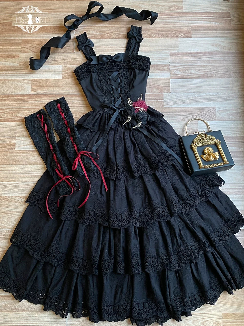 Forest Waltz - Cotton Lolita Camisole Embroidered Cami Top XS Black Fitted camisole(with 3 bow pin and a strap)
