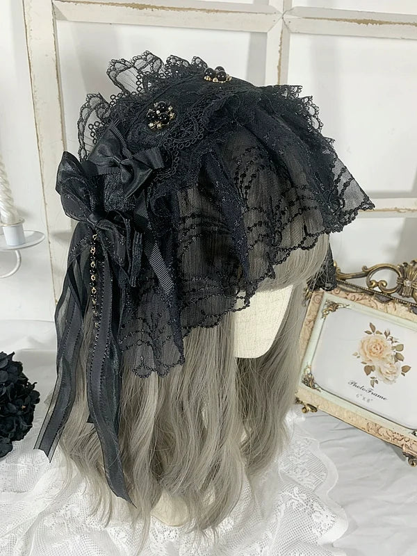 Sweet Jelly Lolita - Gothic Lolita Headband Black Bow Lace Hair Accessory black headband (updated lace pattern)