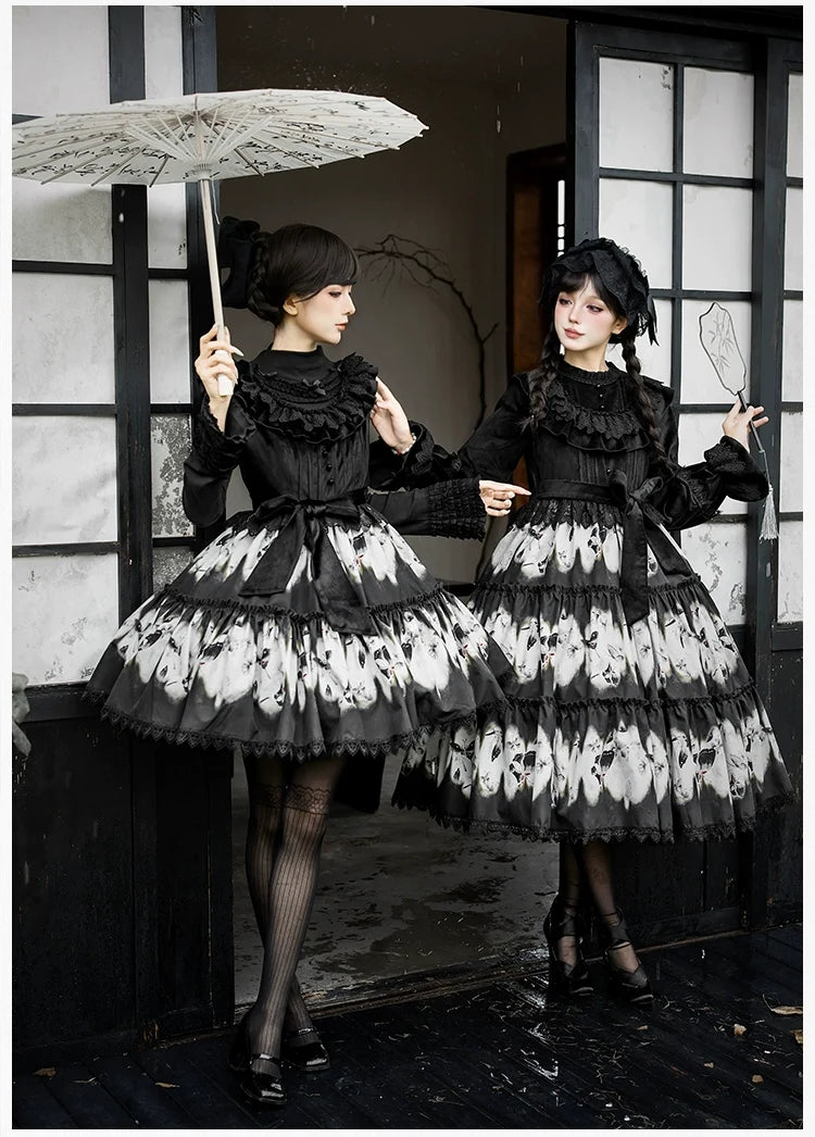 With PUJI - Dead Leaf Butterfly - Gothic Lolita JSK & OP Dress Set, Butterfly Print