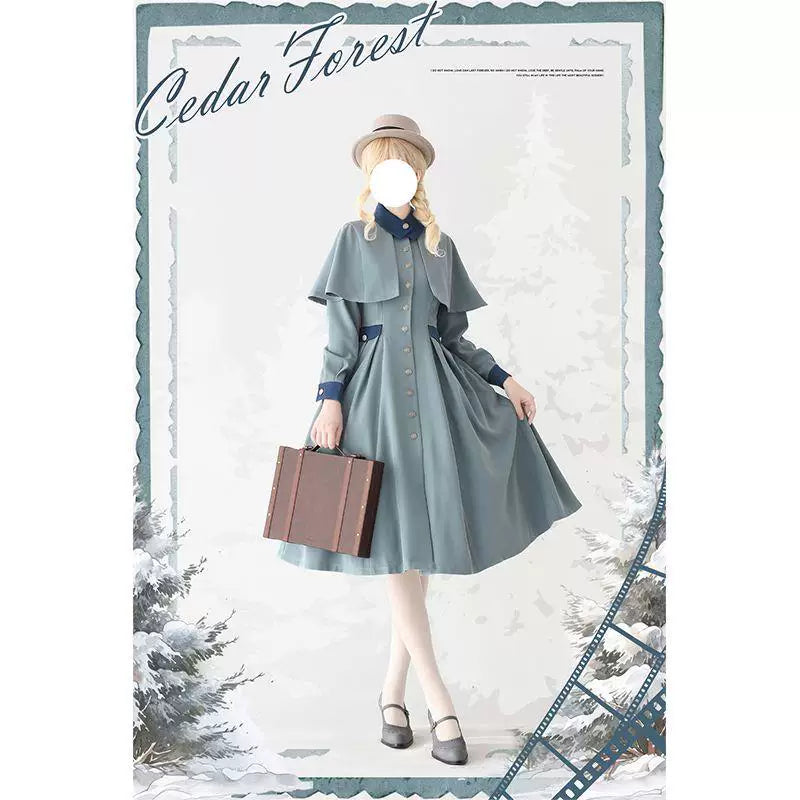 Sweetheart Dream Machine - Cedar Forest - Gray-Blue Lolita Coat with a Capelet Collar and Button Front