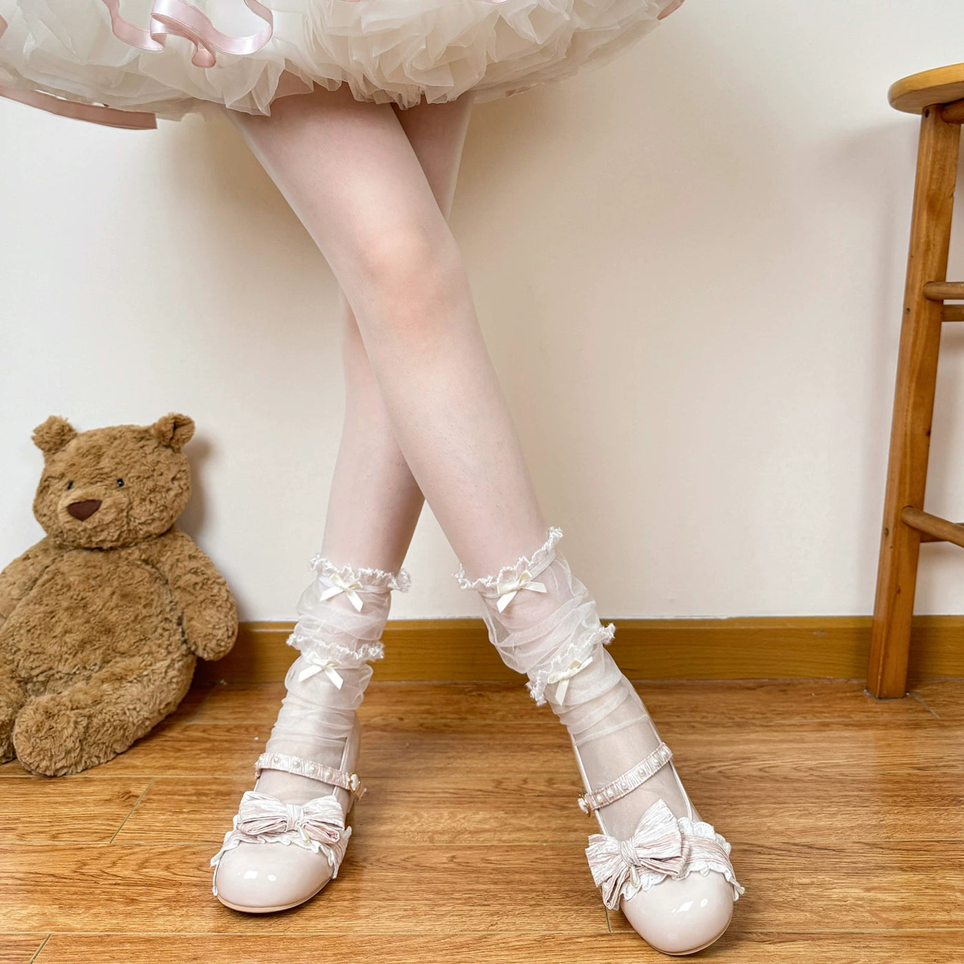 Chubby Bear Tales - Ballet Mesh Bow - Sheer Mesh Mid-Calf Socks with Ruffle Trim