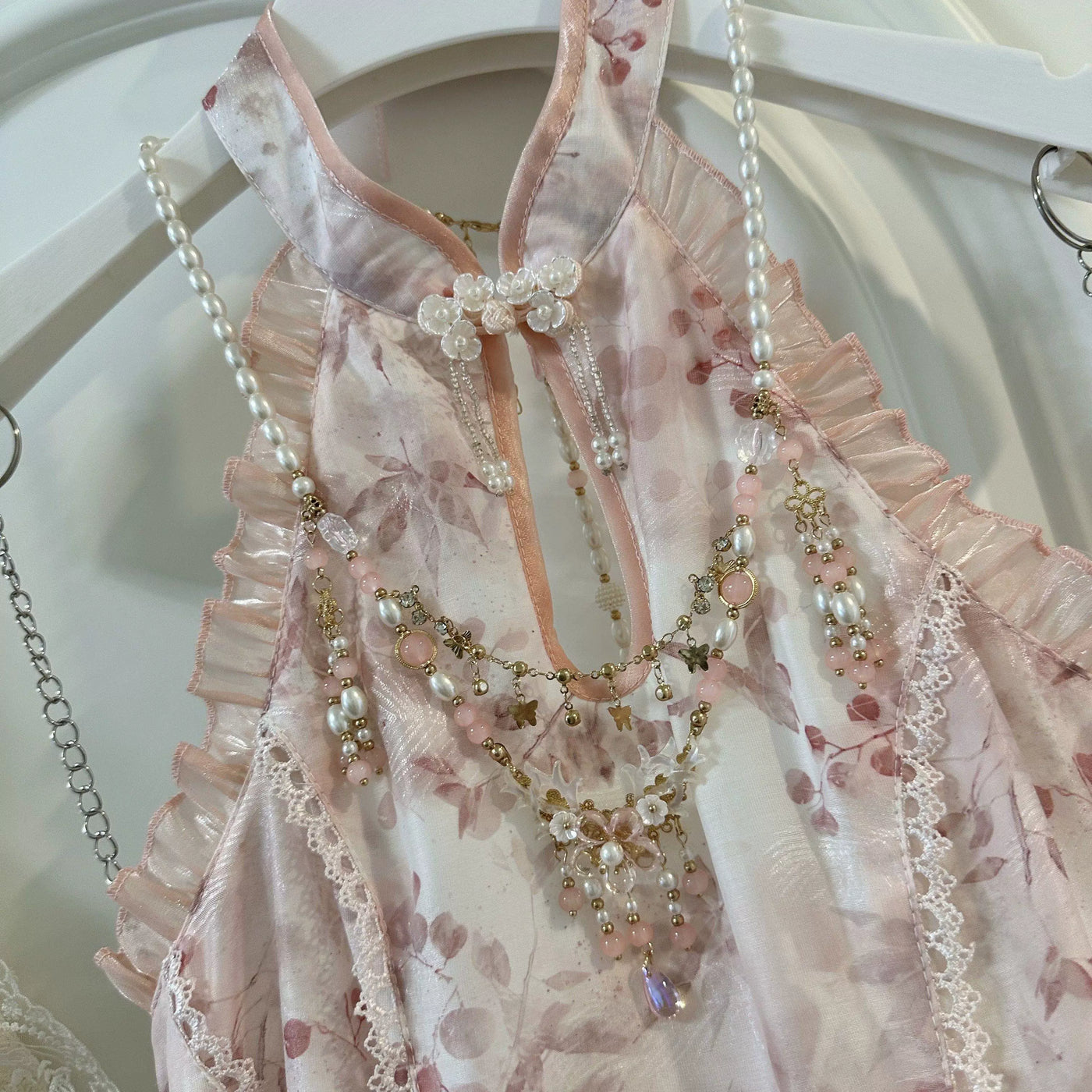 Sweetheart Dream Machine - Peach Moon Bamboo - Chinese-Inspired Halter Dress with Layered Ruffles