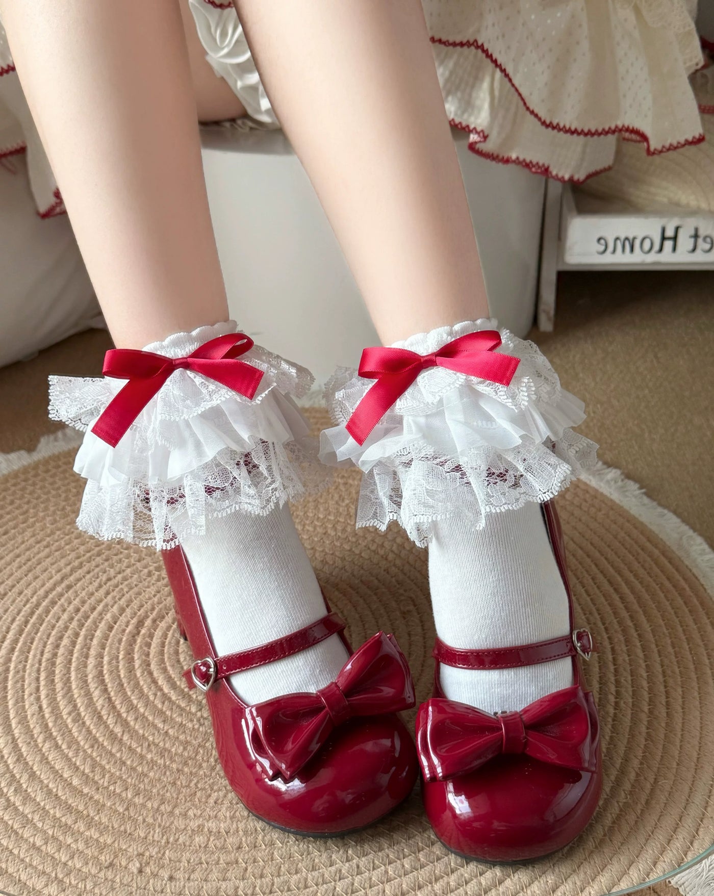 Fantasy Doll - Lace Bow - Mid-Calf Socks with Layered Lace Cuffs