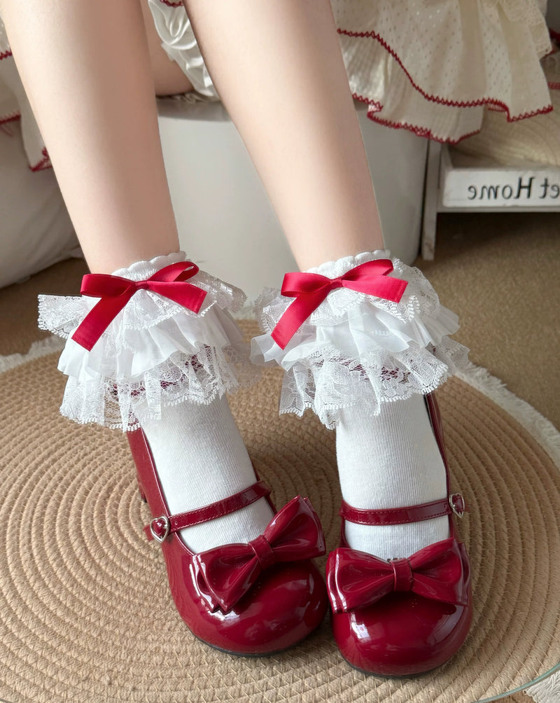 Fantasy Doll - Lace Bow - Mid-Calf Socks with Layered Lace Cuffs