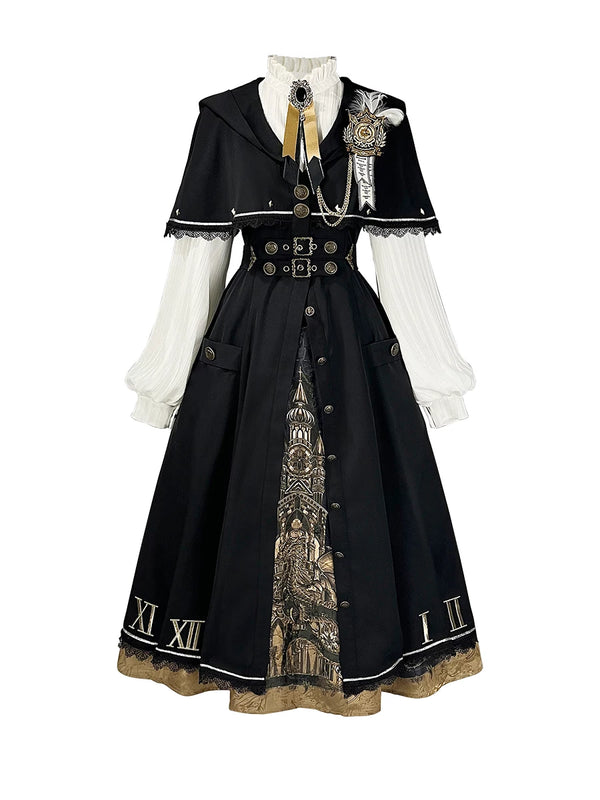 Model wearing the Unknown Star Letter Time Dragon Aria black Classic Lolita one-piece dress with cape and dragon print.