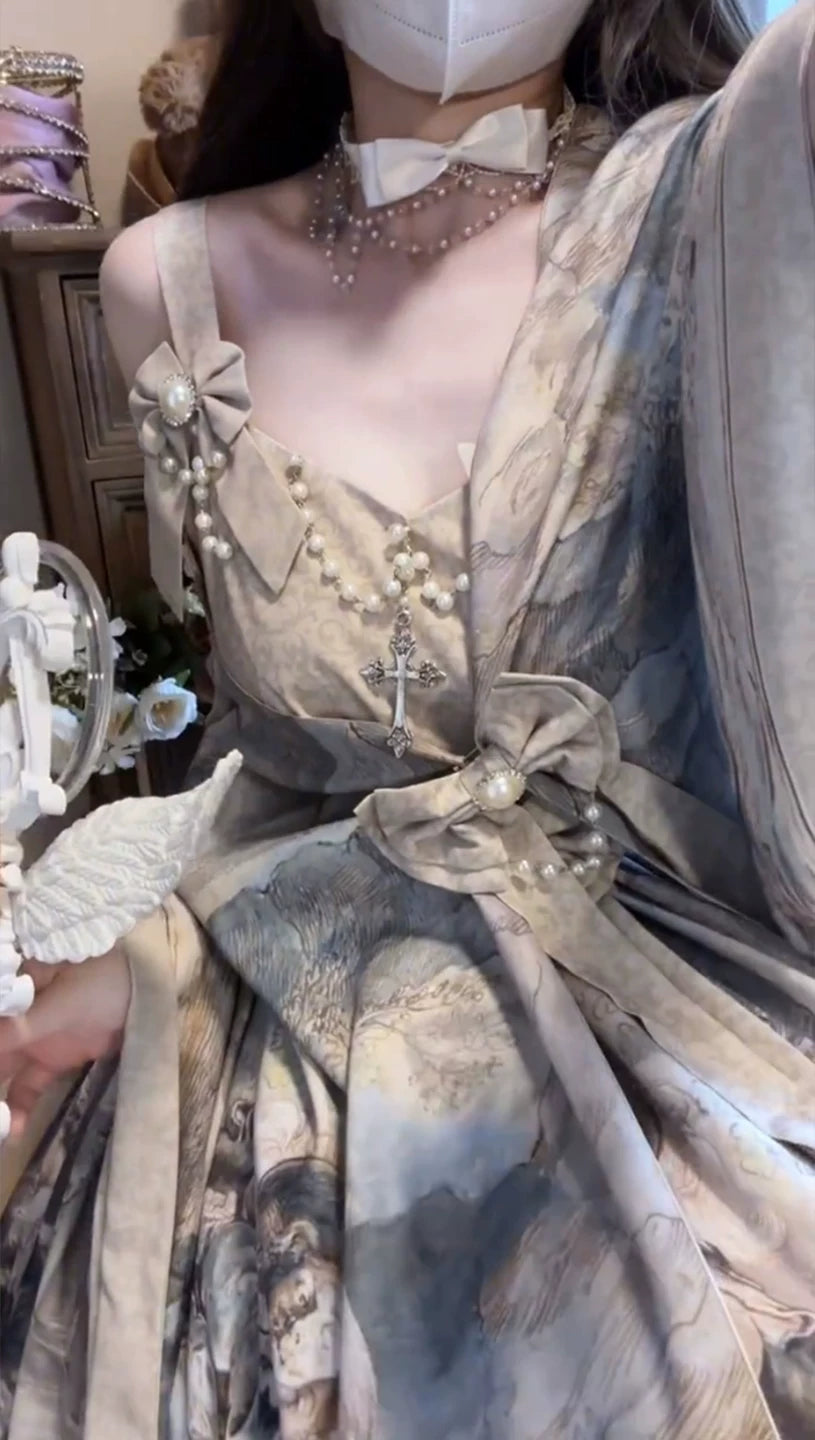 Creamy - Oil Painting - Vintage Painting-Style JSK Dress with Shawl