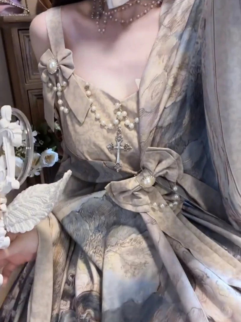 Creamy Oil Painting beige and grey JSK dress with shawl