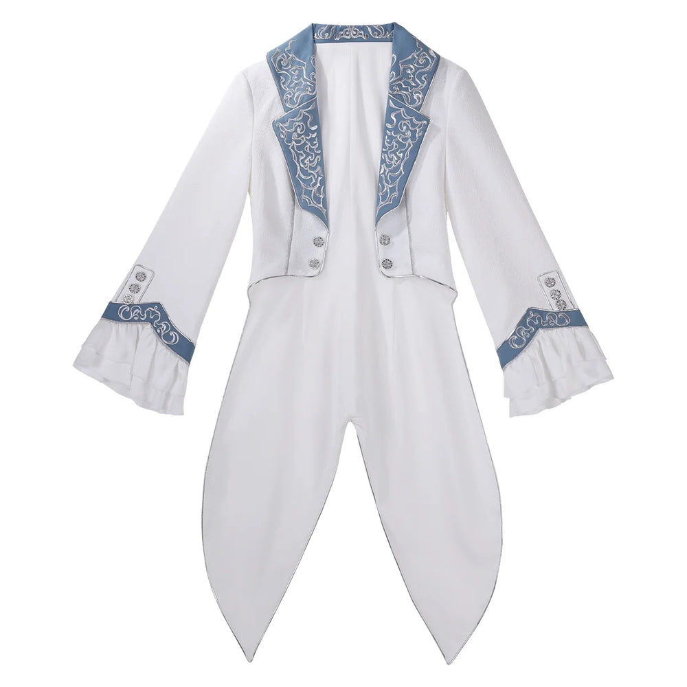White and blue Ouji Lolita tailcoat set with embroidered trim and pointed tail