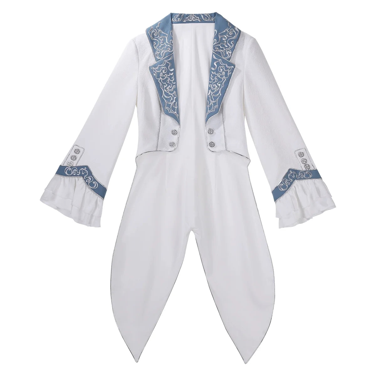 White and blue Ouji Lolita tailcoat set with embroidered trim and pointed tail