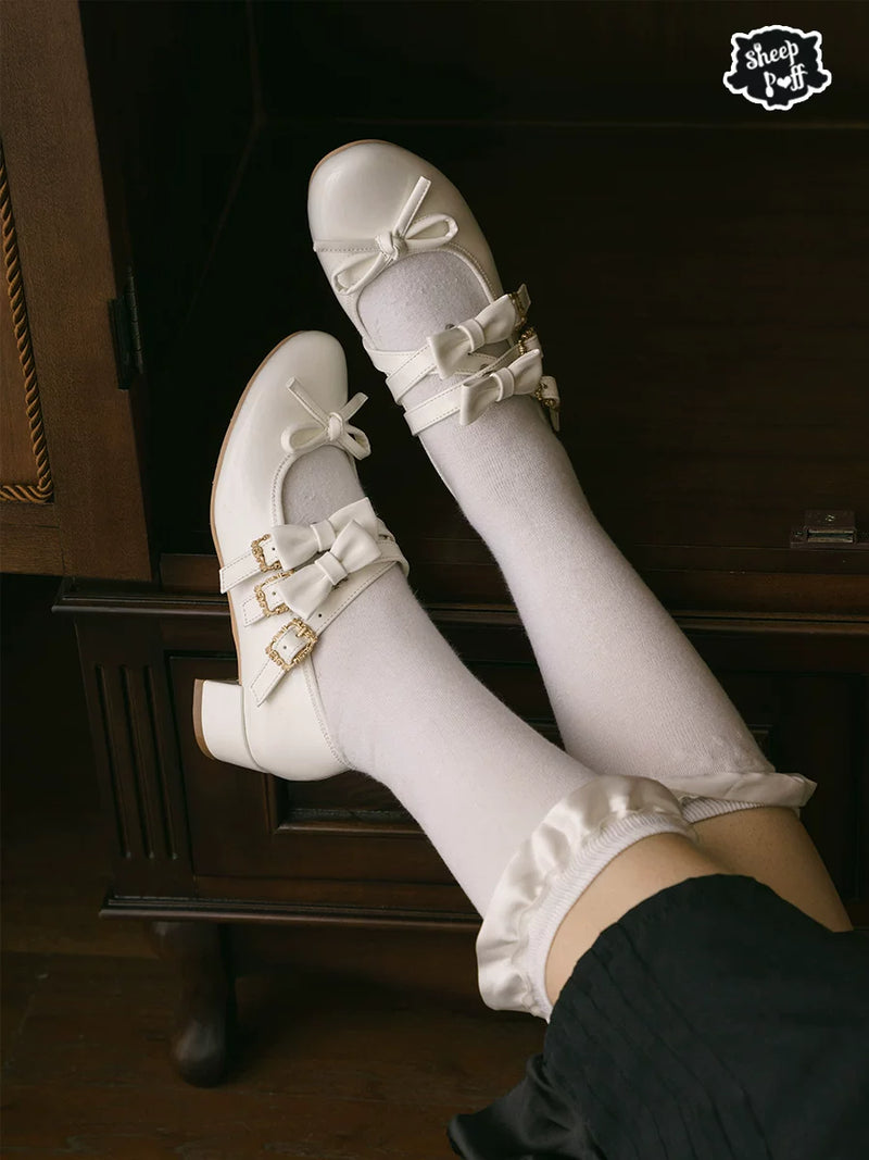 Sheep Puff Elena Bow mid heel Lolita shoes featuring a cute bow design and pastel color, ideal for fashion and style.