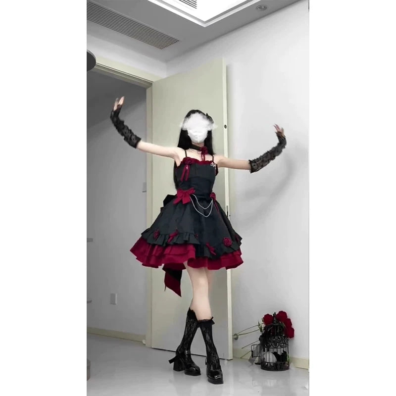 Creamy - Crimson Ruffle - Black-and-red JSK with layered ruffles and a back bow
