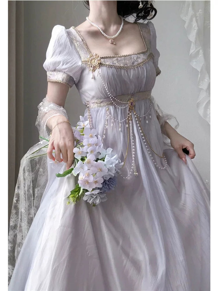 Creamy - Empire Classic - Purple Empire-Style Dress with Pearl Draping