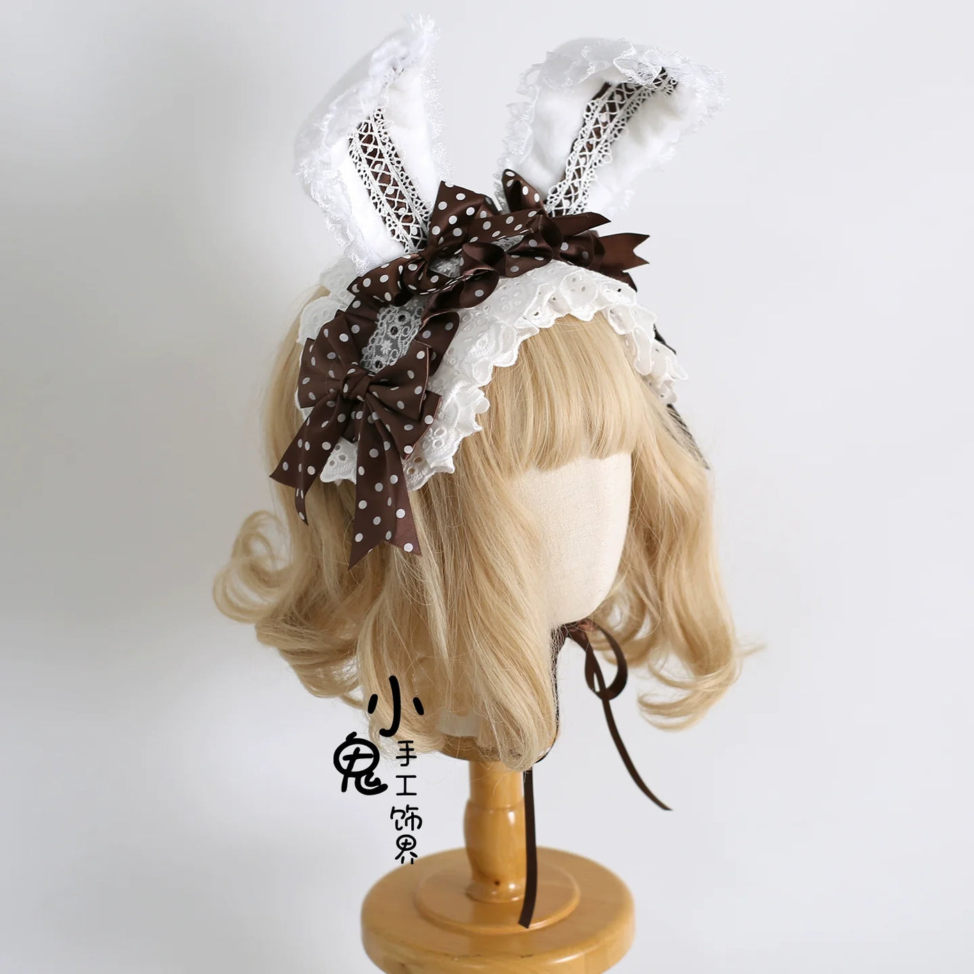 Xiaogui - Sweet Lolita Polka Dot Lace Hairband - Shapeable Bunny Ears Headwear