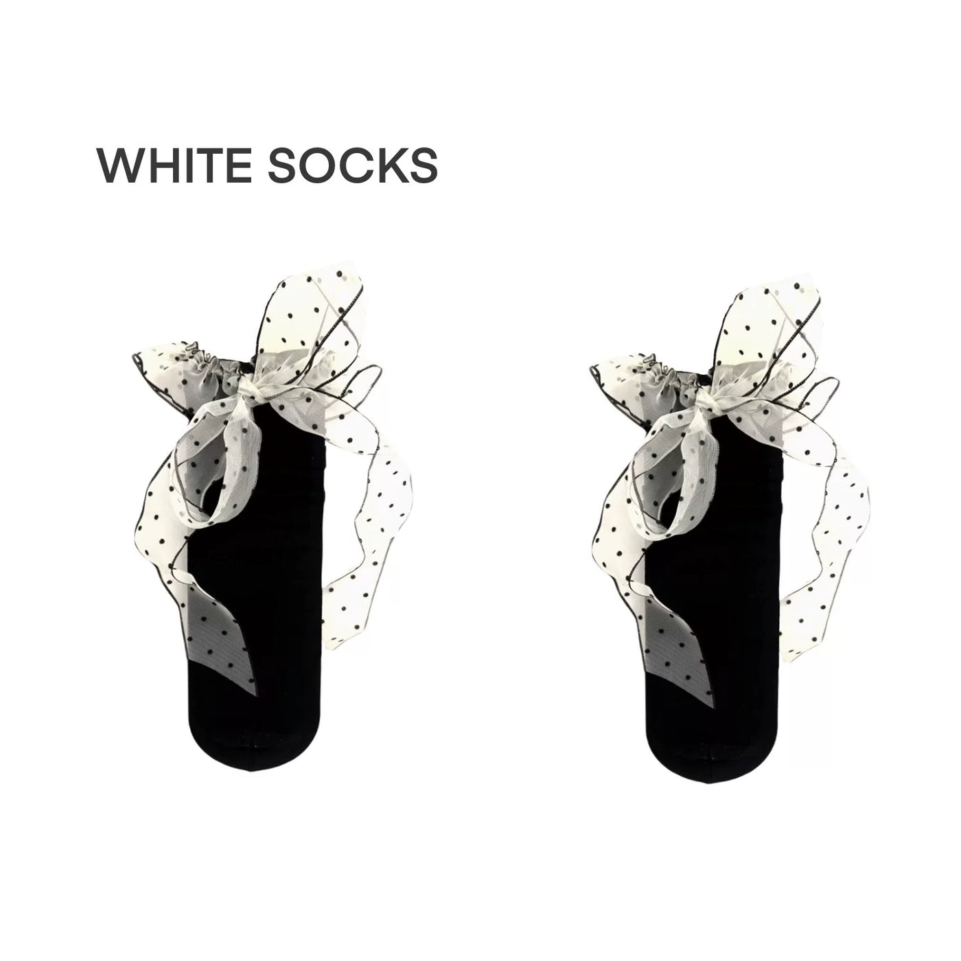 Black mid-calf socks with polka-dot ruffle ribbons and silver shoes