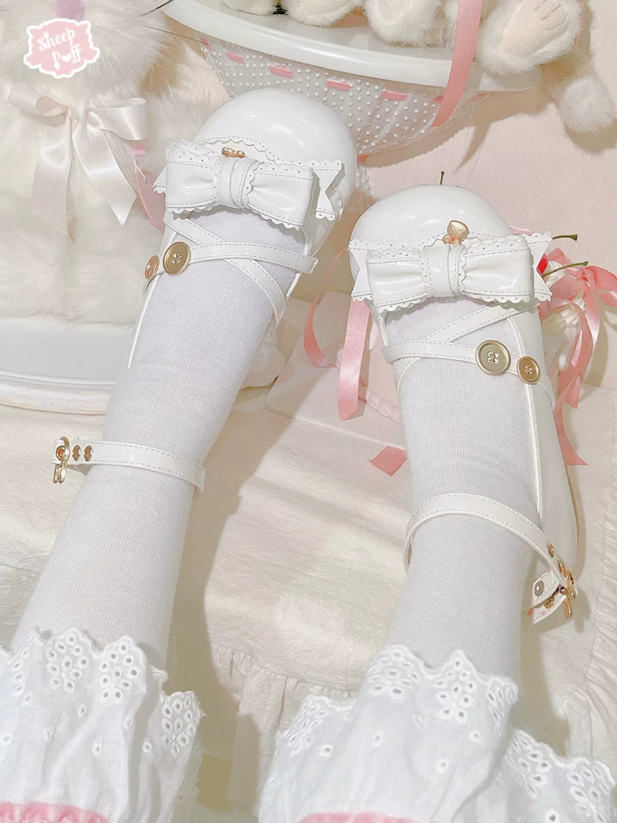 Sheep Puff Bunny Mid Heel Lolita Shoes showing the adorable sheep puff buttons and detailed design on the black footwear.