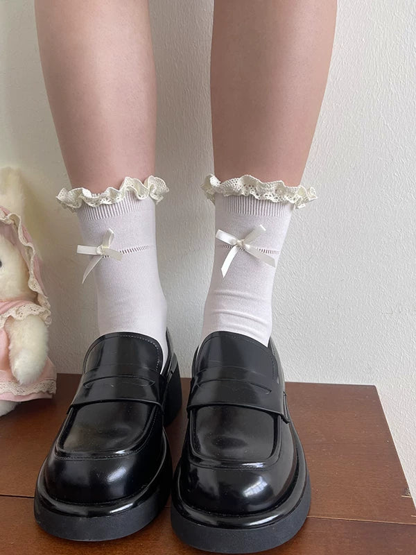Sock Noble - Ribbon Frill - Cotton Socks with Lace Edging and Bow Accents