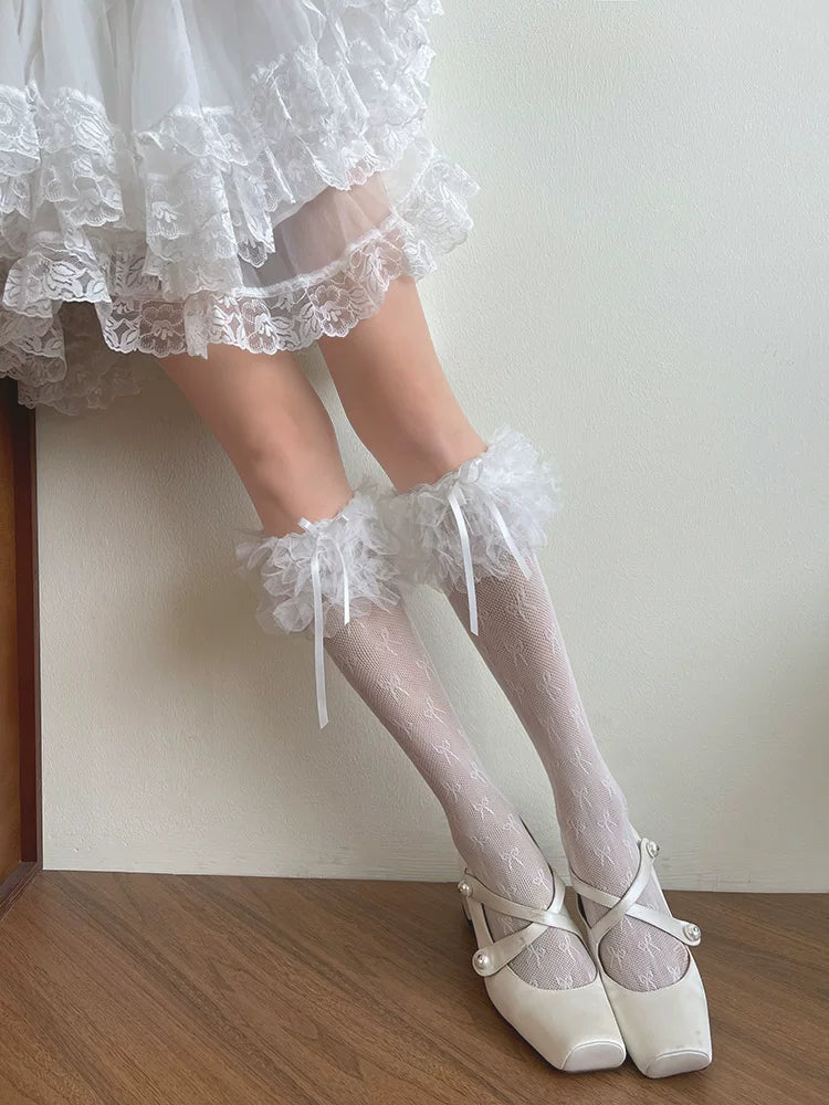 Sock Noble - Heart Lace Ruffle - Mid-Calf Lace Socks with Bow-Tied Cuffs