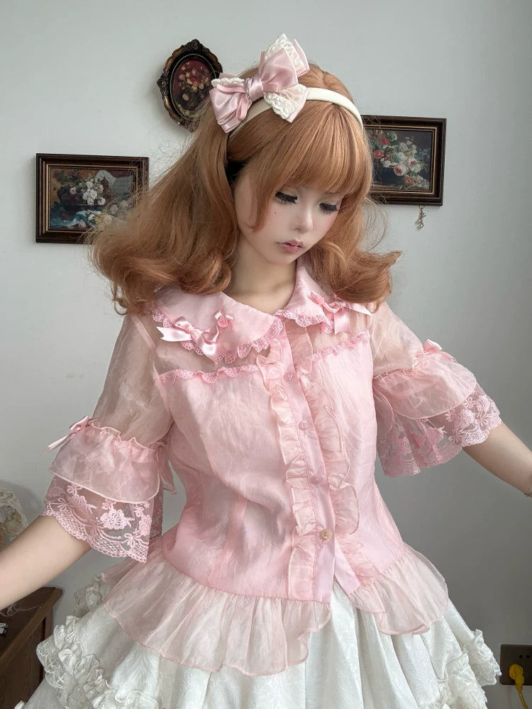 Tata Long Ear - Vintage Floral Wall - Pink chiffon blouse with a doll collar