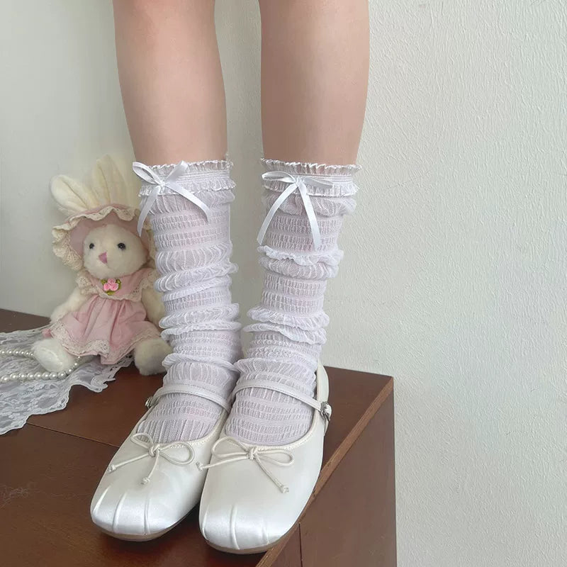 Sock Noble - Organza Bow - Sheer Mid-Calf Socks with Organza Lace Trim