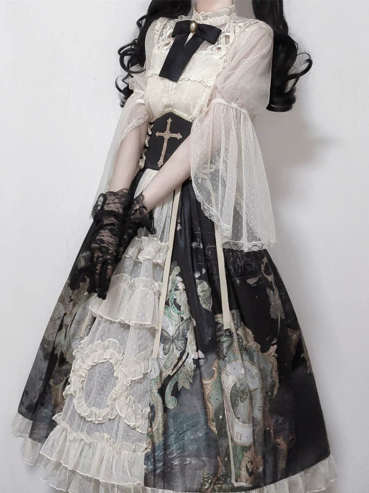 Your Princess - Clock Butterfly - Gothic Lolita Printed Blouse and Corset Skirt Set