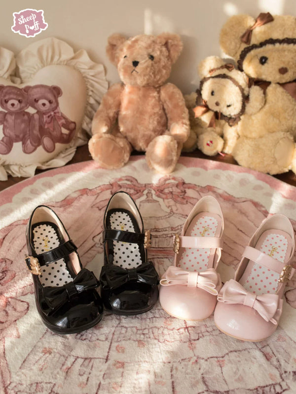 Sheep Puff Hugging Bear Lolita shoes with patent low heels featuring adorable sheep and bear designs, perfect for cute, stylish outfits.