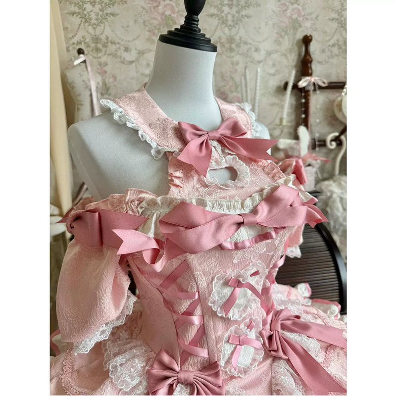 Creamy - Rabbit Bow Train - Pink OP Dress with Bows and a Train