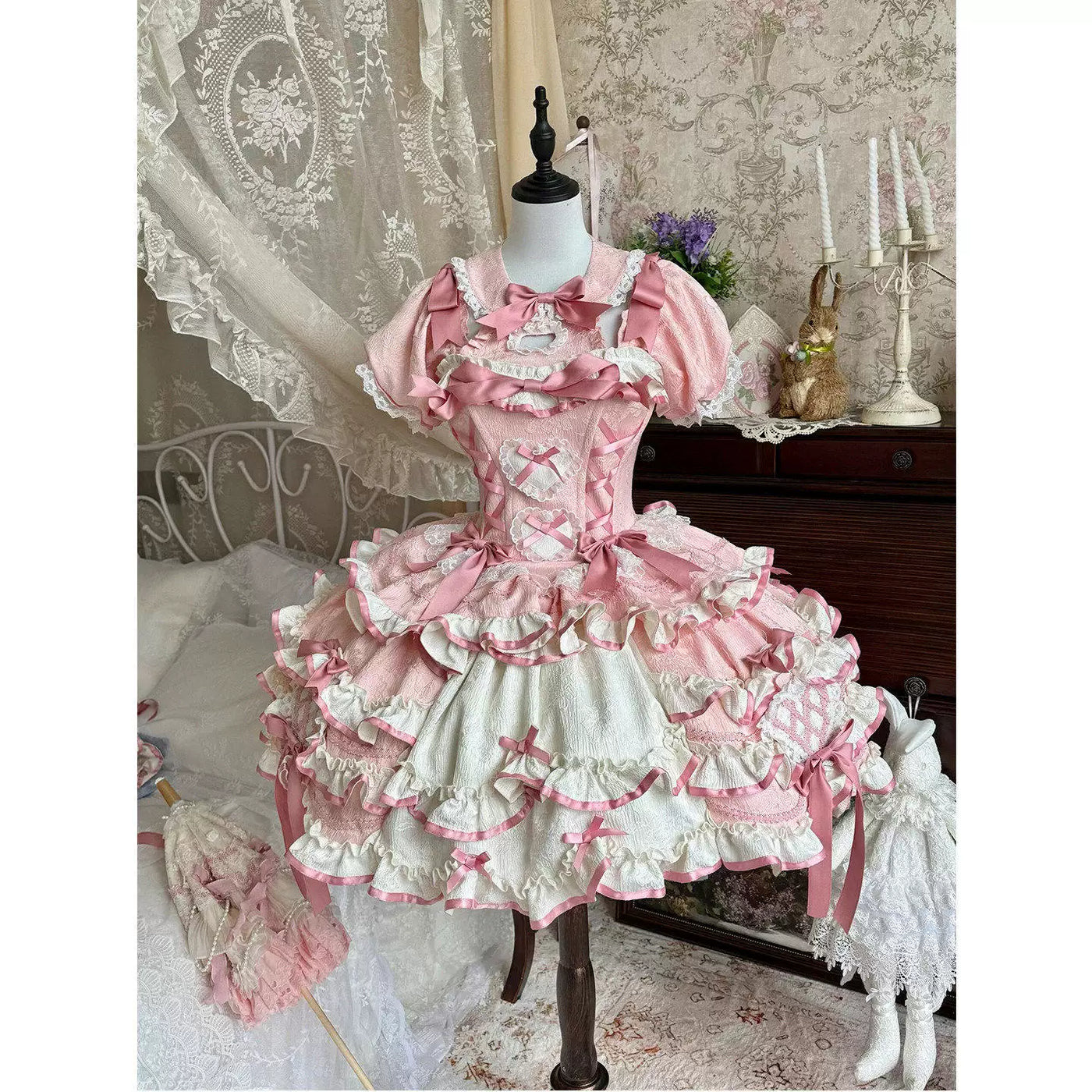 Creamy - Rabbit Bow Train - Pink OP Dress with Bows and a Train