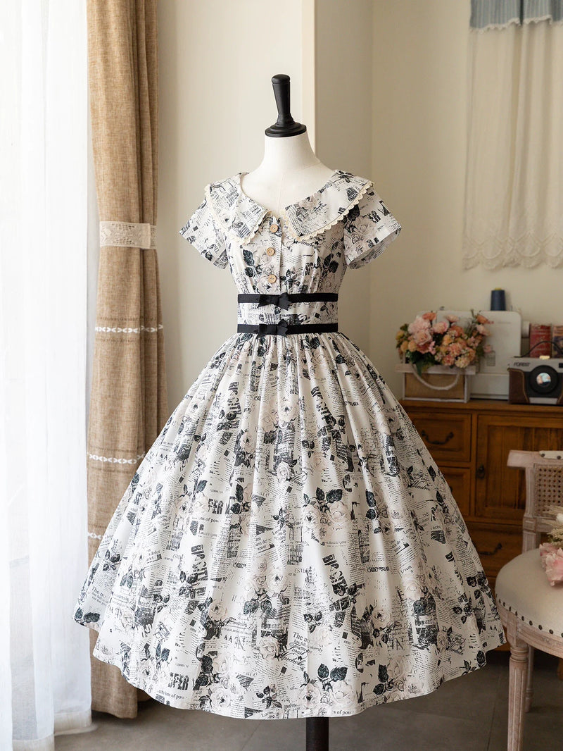 Forest Wardrobe - Forest Holiday - Vintage Classic Lolita Newspaper Printed OP Dress
