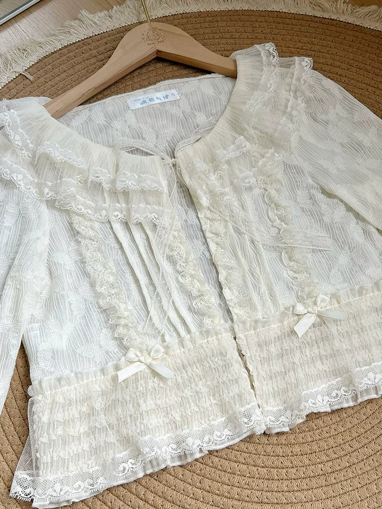 With PUJI - Morning Dew - Lolita Cardigan, Lace Trim & Ruffle Trim detail view 4