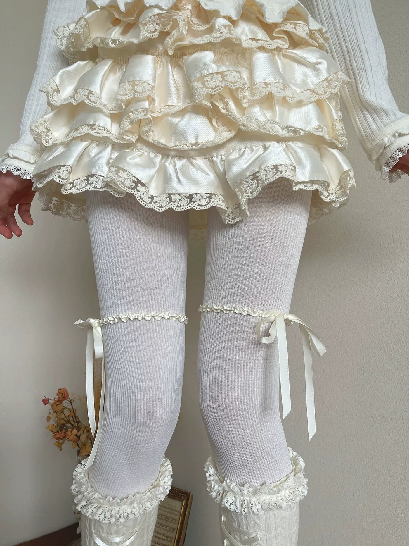 Sock Noble - Doll Satin Ribbon - Fine-Rib Tights with Lace Accents