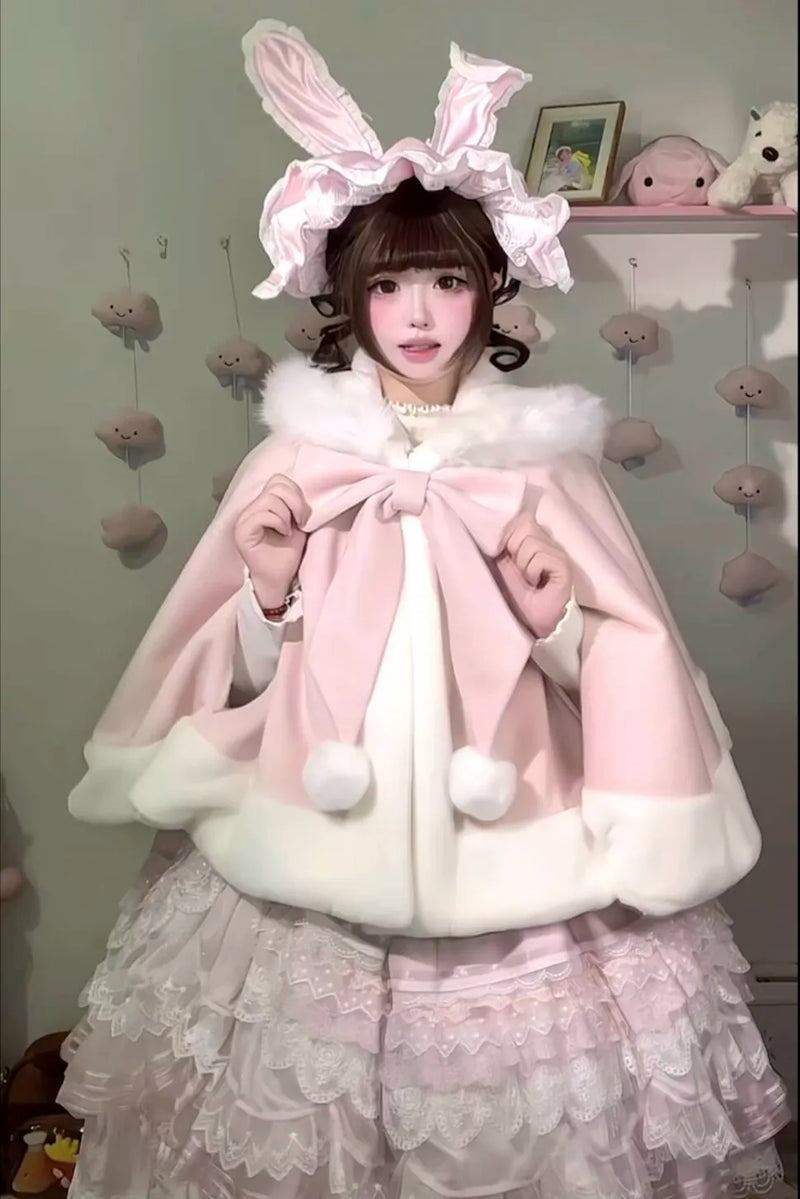 Bunny-Ear Plush Cropped Lolita Cape — Pink