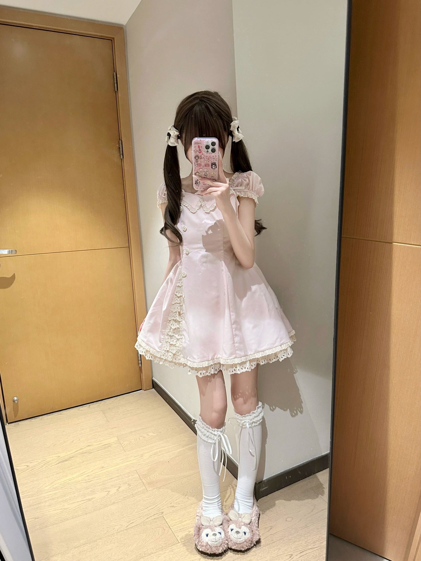 Cat Upon Cat - Little Cream - Pink Short-Sleeve Dress, Blouse or JSK Set with Lace Trim